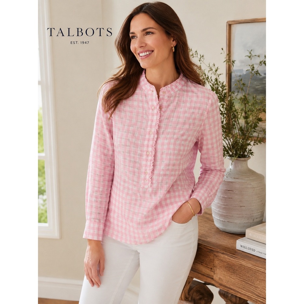 Talbots Womens Pink Gingham Ruffle Collar Cotton Blouse Top Size M